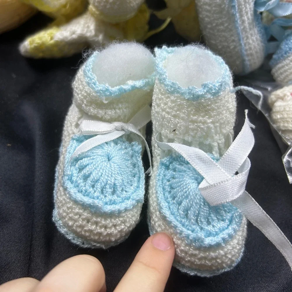 Vintage Handmade Crochet Knit Baby Booties Bundle Blue White Pink Pom Pom Ribbon